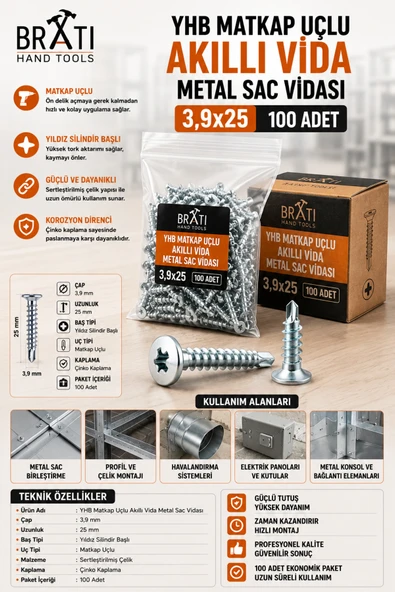BRATİ HAND TOOLS 3.9x25 Yhb Matkap Uçlu Akıllı Vida Metal Sac Vidası 3,9X25 ( 100 Adet ) Akıllı Vida ürün görseli 1