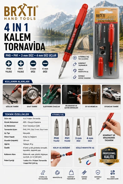 BEMA TOOLS 4 IN 1 KALEM TORNAVİDA PH0 PH1 Yıldız 3mm 4mm Düz Uçlar ürün görseli 1