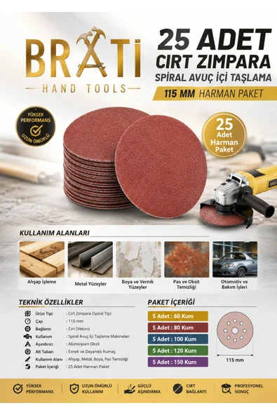 BRATİ HAND TOOLS 25 Adet Cırt Zımpara Spiral Avuç Içi Taşlama 115 Mm Harman Paket ürün görseli 1