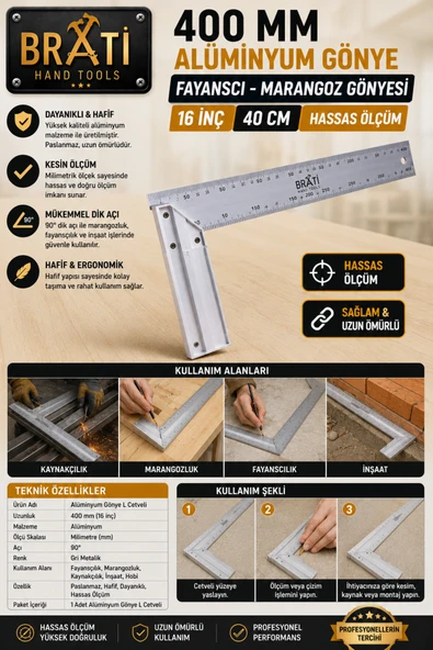 BRATİ HAND TOOLS 400 Mm Alüminyum Gönye Fayansçı Marangoz Gönyesi 16 İnç ürün görseli 1