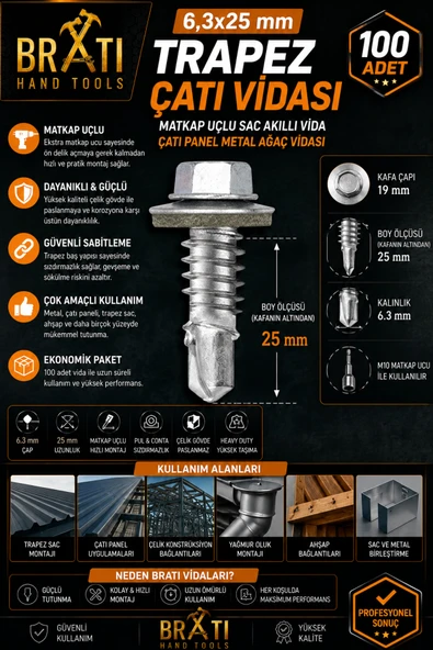 BRATİ HAND TOOLS 6.3X25 Trapez Çatı Vidası Panel Vidası M10 Adaptörlü 100 Adet Trapez Vida ürün görseli 1