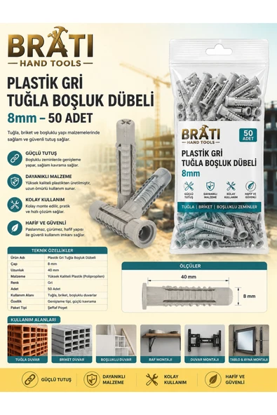 BRATİ HAND TOOLS 8Mm Tuğla Boşluk Dübeli 50 Adet ürün görseli 1