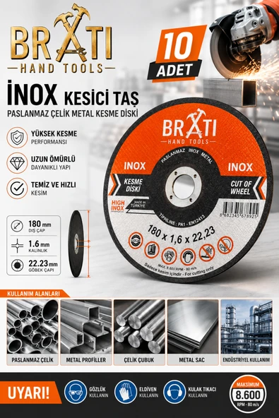 BRATİ HAND TOOLS Profesyonel İnox Kesici 180x1.6x22.23 mm Paslanmaz Çelik Metal Kesme Diski Yüksek Performanslı 10 Adet ürün görseli 1