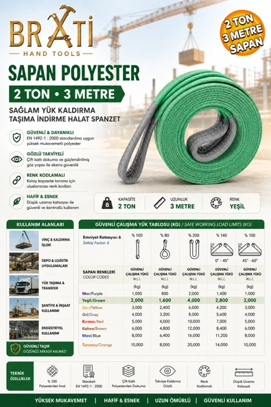 BRATİ HAND TOOLS Sapan Polyester Spanzet 2 Ton 3 Metre Yeşil Renk Sağlam Yük Kaldırma İndirme Halat ürün görseli 1