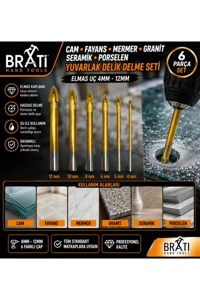 BRATİ HAND TOOLS 6 Parça Cam Fayans Mermer Granit Seramik Porselen Yuvarlak Delik Delme Seti Elmas Uç ürün görseli 1