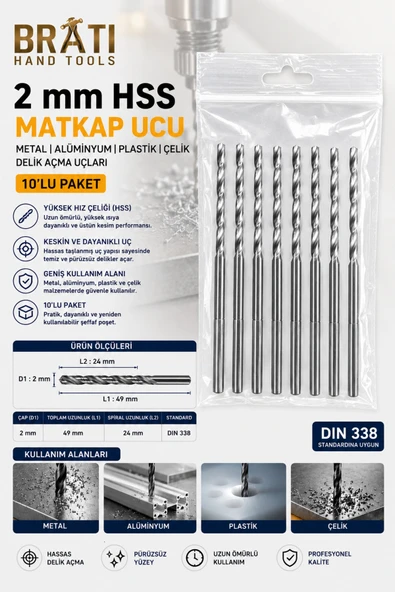 BRATİ HAND TOOLS 2 Mm Matkap Ucu 10'lu Paket Metal Alüminyum Ahşap Plastik Çelik Uç Delik Açma Uçları ürün görseli 1