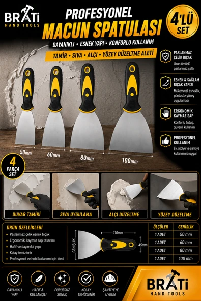 BRATİ HAND TOOLS Profesyonel Macun Spatulası Dayanıklı Esnek Yapı Tamir Sıva Alçı Yüzey Düzeltme Aleti 4'Lü Set ürün görseli 1