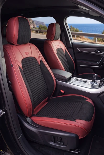 PANDA PREMIUM GRAND SERISI DERİ VE KETEN KUMAŞ OTO KOLTUK KILIFI - TAM SET- SİYAH - BORDO ürün görseli 1