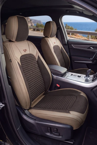 PANDA PREMIUM GRAND SERISI DERİ VE KETEN KUMAŞ OTO KOLTUK KILIFI - TAM SET- KAHVE - BEJ ürün görseli 1