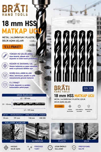 BRATİ HAND TOOLS 18 Mm Hss Matkap Ucu 5 Adet Paket Metal Ahşap Plastik Çelik Delme Uç Delik Açma Uçları ürün görseli 1