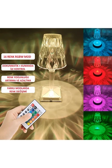 Wolawood Kristal Işıklı Lamba Şarjlı Dokunmatik RGB'li Masaüstü Set Kumandalı USB'li Abajur Hediyelik Eşya ürün görseli 1