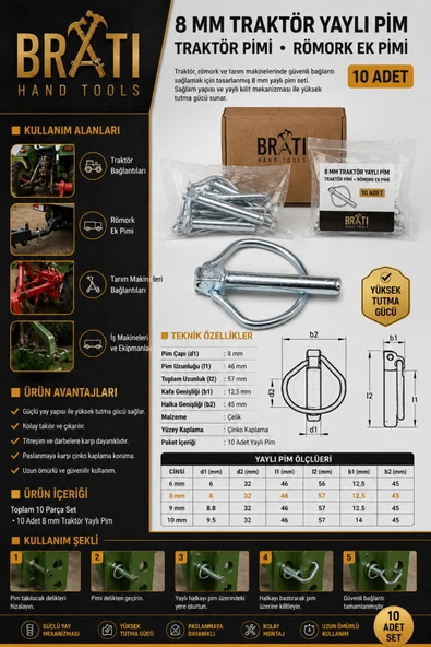 BRATİ HAND TOOLS Yaylı Pim 8 Mm Traktör Pimi 8 Mm 10 Adet Römork Ek Pimi ürün görseli 1