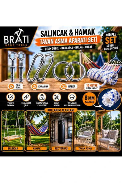 BRATİ HAND TOOLS Salıncak Hamak Box Torbası Tavan Asma Aparatı Salıncağı Çelik Dübel Karabina Halka ve Halat Seti ürün görseli 1