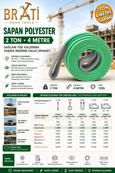 BRATİ HAND TOOLS Spanzet Sapan Polyester Sağlam Yük Kaldırma Su Yeşil Renk 2 Ton 4 Metre Taşıma İndirme Halat ürün görseli 1