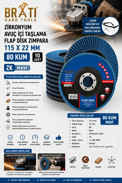BRATİ HAND TOOLS Zirkonyum ZK Flap Dizk Avuç İçi Taşlama Flap Disk Zımpara 115 X 22 Mm 80 Kum (10 ADET) ürün görseli 1