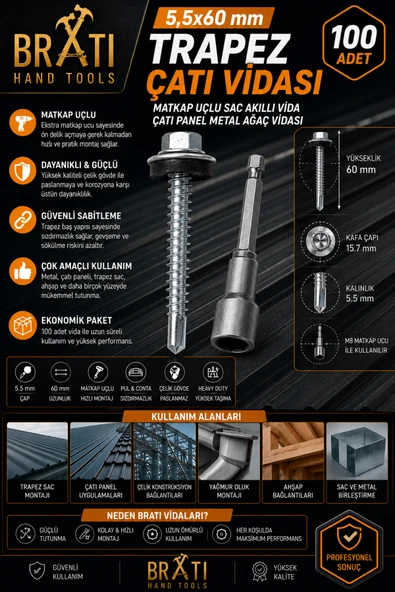 BRATİ HAND TOOLS 5,5X60 Çatı Vida Trapez Sac Vidası Çatı Panel Metal Vidası 100 Adet Trapez Çatı Vidası M8 Adaptörlü ürün görseli 1