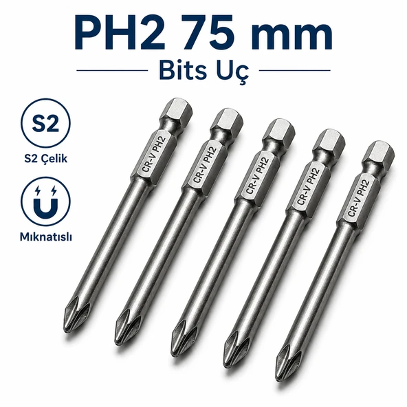 (5 Adet) Manyetik S2 Çelik 75 Mm 7.5 Cm Ph2 Bits Uç Tornavida Matkap Vidalama Manyetik Vidalama Ucu ürün görseli 1
