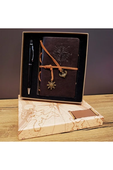 EXENET Pusula Temalı Deri Kapaklı Vintage Defter ve Metal Touchpen Kalem Özel Kutulu Konsept Hediyelik Set ürün görseli 1