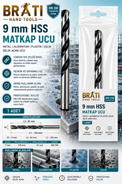 BRATİ HAND TOOLS 9 Mm Matkap Ucu Metal Alüminyum Ahşap Plastik Çelik Delme Uç 9mm Delik Açma Ucu 1 Adet ürün görseli 1