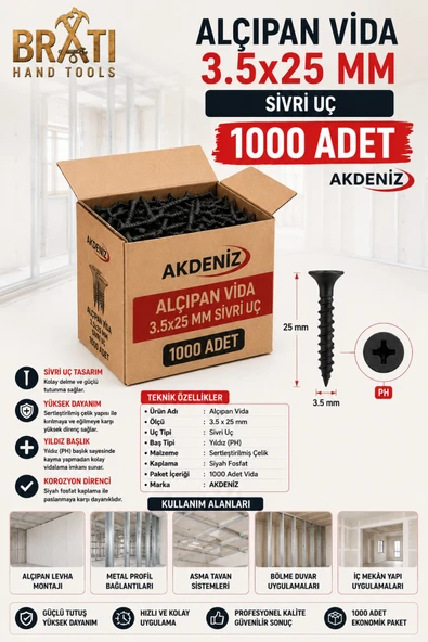 BRATİ HAND TOOLS Alçıpan Vida 3.5x25 Mm Sivri Uç 1000 Adet Akdeniz ürün görseli 1