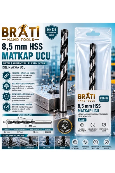 BRATİ HAND TOOLS 8,5 Mm Matkap Ucu Metal Alüminyum Ahşap Plastik Çelik Delme Uç Delik Açma Ucu 1 Adet ürün görseli 1