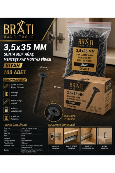 BRATİ HAND TOOLS 100 Ad 3,5x35 Sunta Mdf Ağaç Menteşe Ray Montaj Vidası Siyah (100 Adet) ürün görseli 1