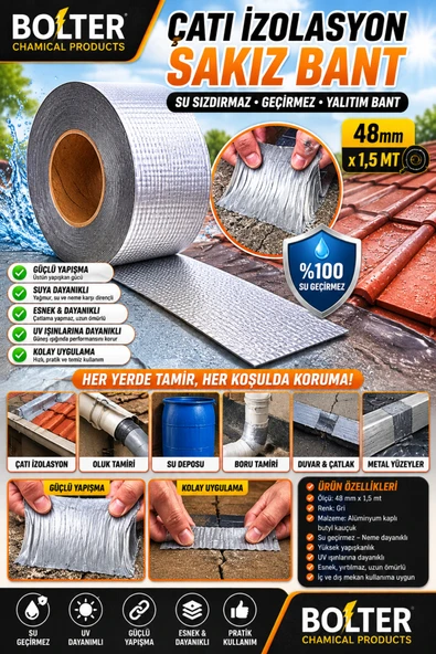 BOLTER CHEMİCAL PRODUCTS Sakız Bant Su Sızdırmaz Izolasyon Tamir Çatlak Boru Bandı 1,5 Metre X 48 Mm ürün görseli 1