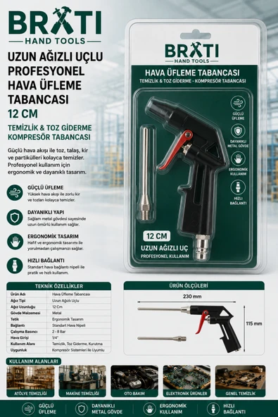 BRATİ HAND TOOLS Uzun Ağızlı Uçlu Profesyonel Hava Üfleme Tabancası Temizlik Toz Giderme Kompresör Tabancası 12 Cm ürün görseli 1