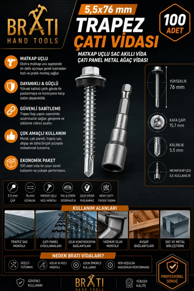 BRATİ HAND TOOLS 5,5X76 Çatı Vidası Panel Vidası Trapez Sac Vidası Matkap Uçlu Sac Çatı Panel Metal Vida 100 Adet M8 Adaptörlü ürün görseli 1