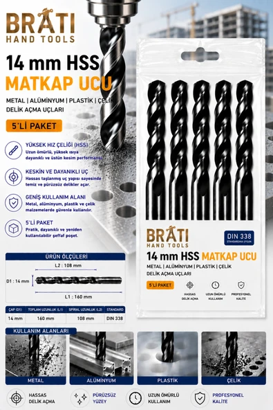 BRATİ HAND TOOLS 14 Mm Hss Matkap Uç 5' Adet Metal Alüminyum Ahşap PlastikÇelik Delme Uç Delik Açma Uçları ürün görseli 1