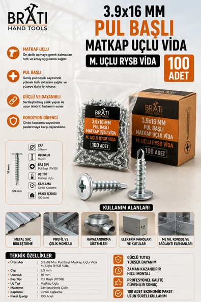 BRATİ HAND TOOLS 3,9x16 RYSB Pul Başlı Matkap Uçlu Vida 100'lü ürün görseli 1