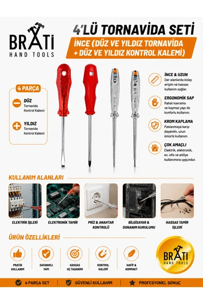 BRATİ HAND TOOLS 4'lü Tornavida Seti İnce (Düz ve Yıldız Tornavida + Düz ve Yıldız Kontrol Kalemi) ürün görseli 1