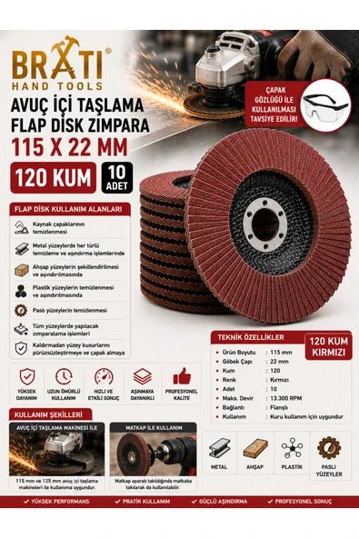 BRATİ HAND TOOLS 120 Kum Avuç İçi Taşlama Flap Disk Zımpara 115 X 22 Mm 10 ADET ürün görseli 1