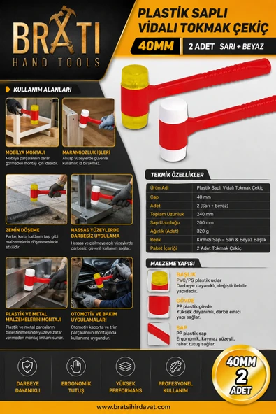 BRATİ HAND TOOLS Plastik Saplı Vidalı Tokmak Çekiç 40Mm 2 Adet Sarı + Beyaz ürün görseli 1