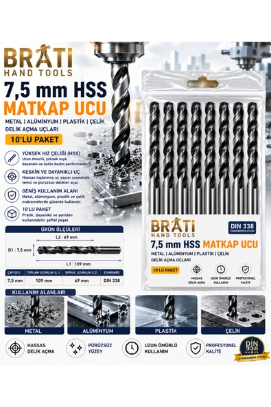 BRATİ HAND TOOLS 7,5 Mm Hss Matkap Ucu 10'luk Paket Metal Alüminyum Ahşap Plastik Çelik Delme Uç Delik Açma Ucu ürün görseli 1