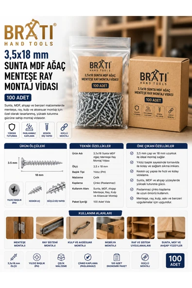BRATİ HAND TOOLS 3,5x18 Sunta Mdf Ağaç Menteşe Ray Montaj Vidası (100 Adet) ürün görseli 1