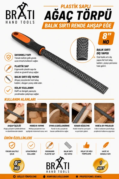 BRATİ HAND TOOLS 8'' Saplı Ağaç Törpü Balık Sırtı Rende Ahşap Eğe 8 No ürün görseli 1