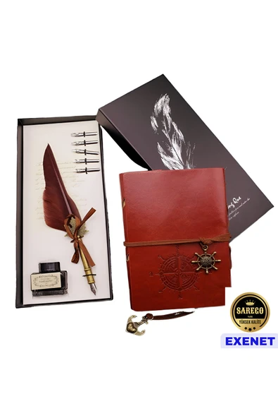 EXENET Divit Kalem Seti Pusula Motifli Deri Kapaklı Defter El Yapımı Vintage Yazı Takımı Özel Hediye Seti ürün görseli 1