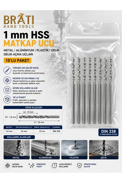 BRATİ HAND TOOLS 1 Mm Matkap Ucu 10 Adet Paket Metal Alüminyum Ahşap Çelik Delme Açma Uçları ürün görseli 1