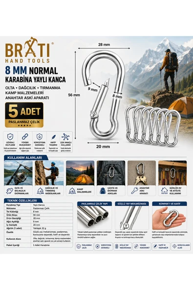 BRATİ HAND TOOLS 8 Mm Normal Karabina Yaylı Kanca Olta Dağcılık Tırmanma Kamp Malzemeleri Anahtar Askı Aparatı 5 Ad ürün görseli 1