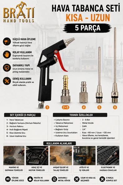 BRATİ HAND TOOLS Hava Tabanca Seti Kısa Uzun 5 Parça ürün görseli 1