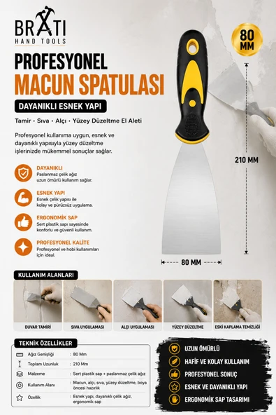 BRATİ HAND TOOLS Profesyonel Macun Spatulası 80 Mm Dayanıklı Esnek Yapı Tamir Sıva Alçı Yüzey Düzeltme El Aleti 8 Cm ürün görseli 1