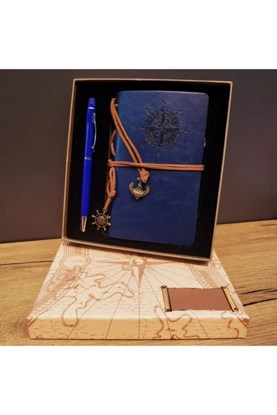 EXENET Pusula Temalı Deri Kapaklı Vintage Defter ve Metal Touchpen Kalem Özel Kutulu Konsept Hediyelik Set ürün görseli 1