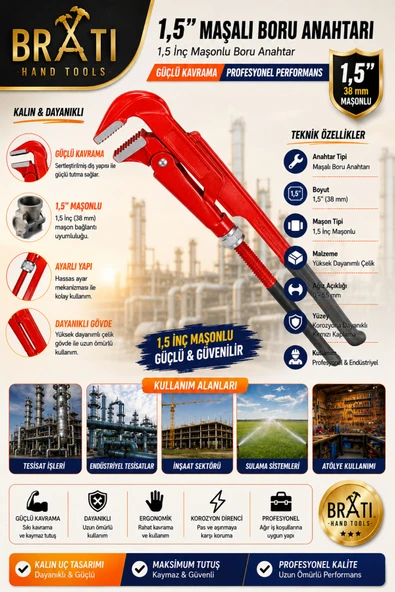 BRATİ HAND TOOLS 1,5'' Maşalı Boru Anahtarı 1,5 İnç Maşonlu Boru Anahtar ürün görseli 1
