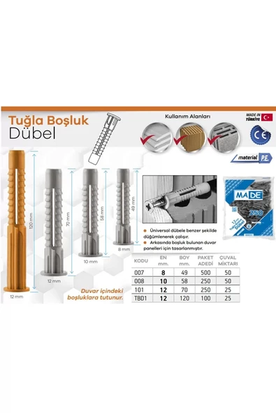 BRATİ HAND TOOLS 8Mm Tuğla Boşluk Dübeli 50 Adet - Resim 3