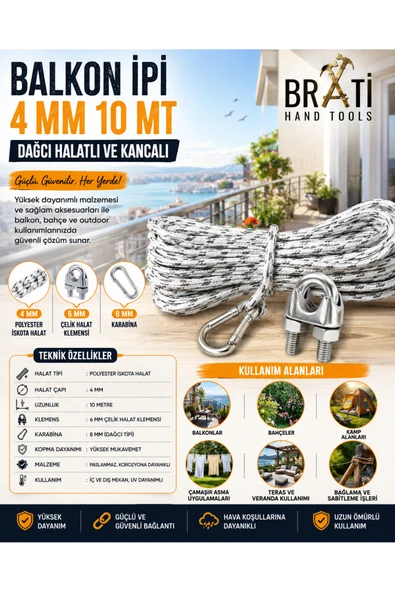 BRATİ HAND TOOLS Balkon Ipi 4 MM 10 Mt Dağcı Halatlı Ve Kancalı ürün görseli 1
