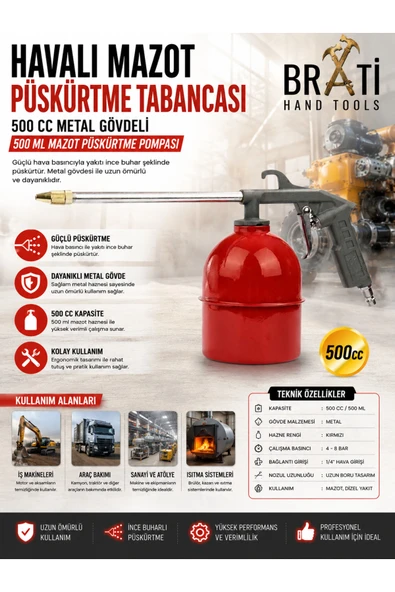 BRATİ HAND TOOLS Havalı Mazot Püskürtme Tabancası 500 cc Metal Gövdeli 500 ml Mazot Püskürtme Pompası ürün görseli 1