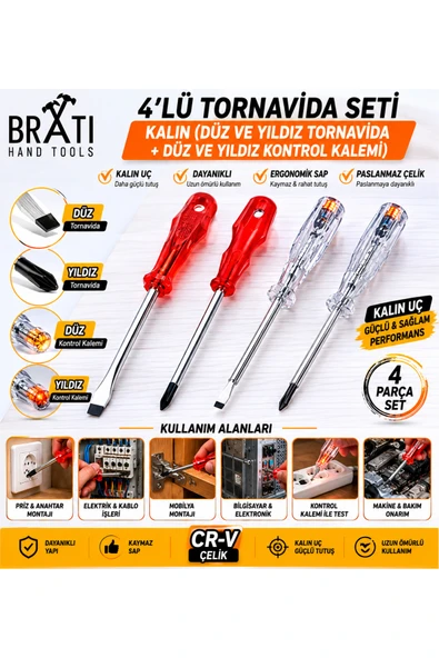 BRATİ HAND TOOLS Tornavida Seti Kalın 4'lü Set (Düz ve Yıldız Tornavida ve Kontrol Kalemi) ürün görseli 1
