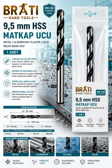 BRATİ HAND TOOLS 9,5 Mm Hss Matkap Ucu 1 Adet Metal Alüminyum Ahşap Plastik Çelik Delme Uç Delik Açma Ucu ürün görseli 1