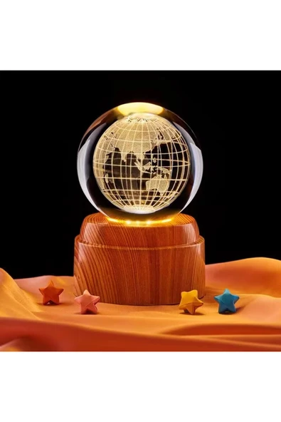 Wolawood Premium Dönen Kristal Cam Küre 3D Led Işıklı USB'li Gece Lambası Masaüstü Dekoratif Hediyelik Set ürün görseli 1